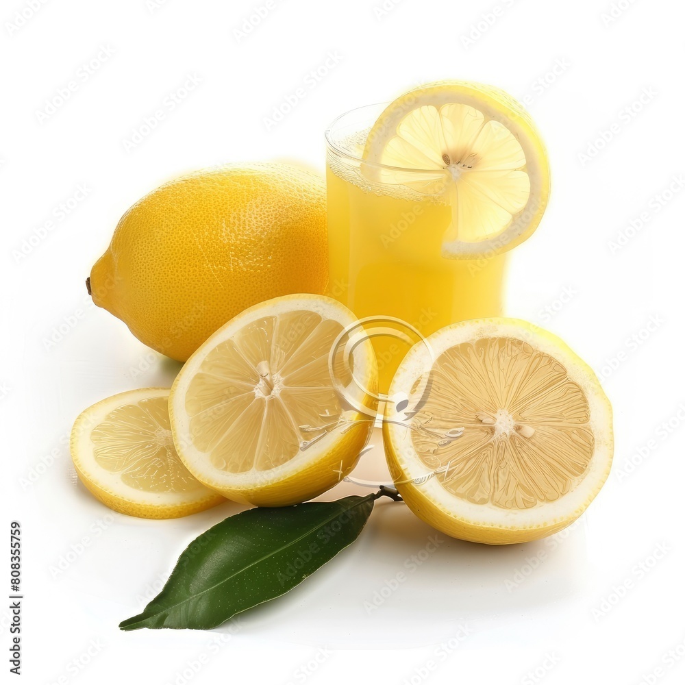 Lemon Juice Or Lemonade Is Showcased With Fresh Yellow Lemon Fruit And A Green Leaf Against A Clean White Backdrop, Illustrations Images Lemon Juice Or Lemonade Is Showcased With Fresh Yellow Lemon Fruit And A Green Leaf Against A Clean White Backdrop, Illustrations Images