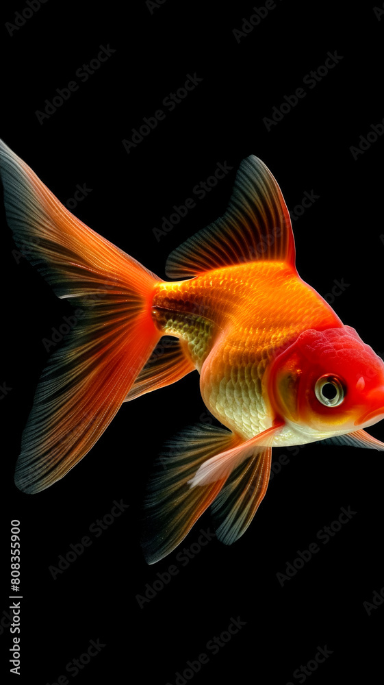 dynamic gold fish on a black background, in the style of light red and light gold