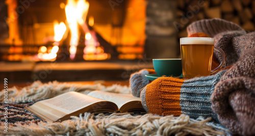 A pair of warm socks, a mug of tea, and a book on a soft, fluffy rug near a fireplace