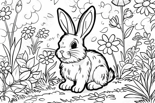cute rabbit in garden setting on coloring page for children line art illustration