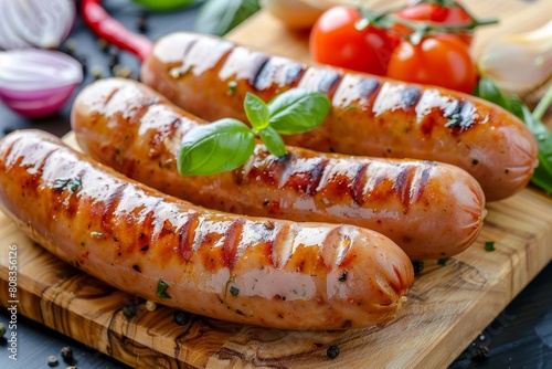 Delicious grilled pork sausage with assorted vegetables served on a rustic wooden platter photo