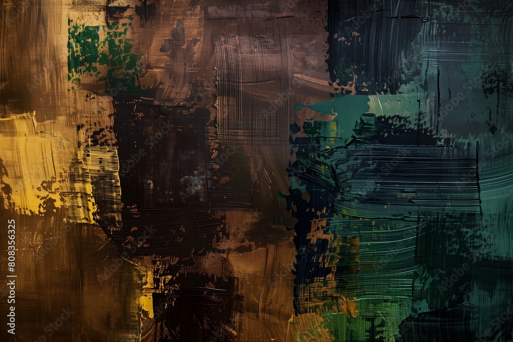 Obraz premium Modern artwork, abstract paint strokes, oil painting on canvas. Dark artistic brush daubs and smears. Grungy background, hand painted brown, green, yellow and dark blue colored pattern