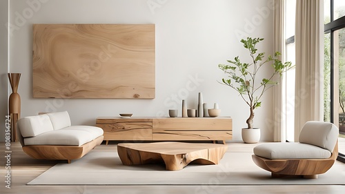  Live edge coffee table near corner sofa. Japandi interior design of modern living room  home. 