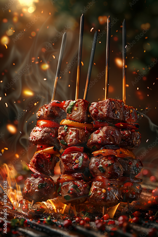 Φωτογραφία A close up of skewers of meat on a grill with smoke and fire in the background
