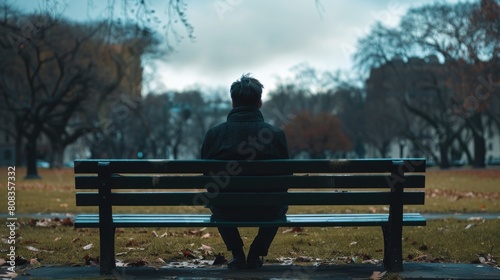A man sits alone on a park bench.