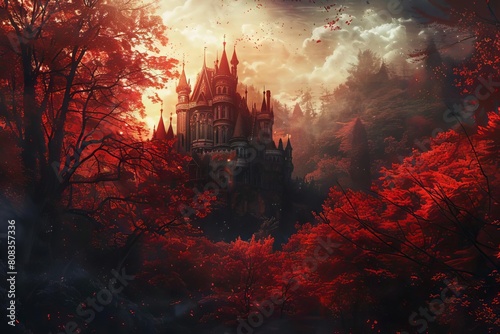 enchanted gothic castle in a mystical red forest capturing the allure of oldworld tales concept illustration photo