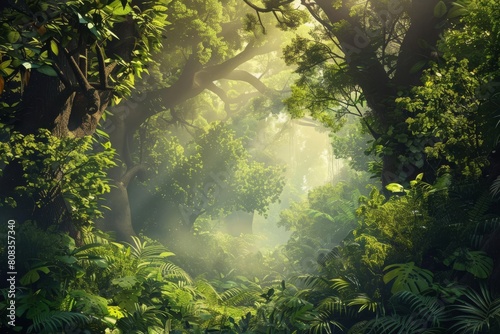 enchanted forest landscape with lush vegetation and mystical atmosphere aigenerated illustration