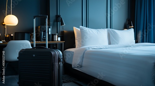 Elegant and modern hotel room ready for guests. Cozy bedding, luxury interior design. Travel and accommodation. AI