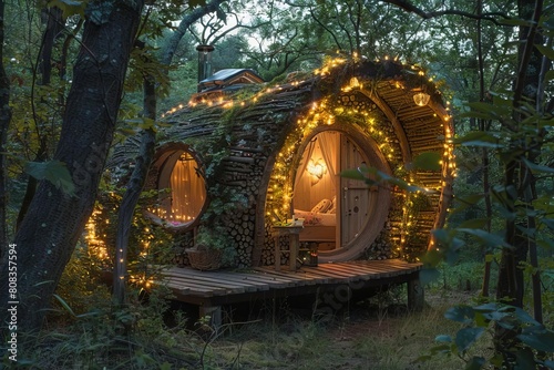 enchanting woodland pod house adorned with twinkling fairy lights whimsical illustration
