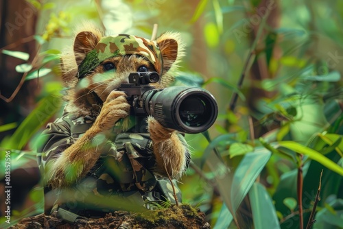 A cute of an endangered species, in a camouflage suit, being photographed for a conservation campaign in a hightech wildlife sanctuary, with futuristic styles © JK_kyoto