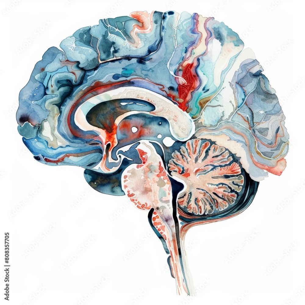 Obraz premium A fascinating watercolor of a brain scan delves into the complexities of neurology, illustrated on an isolated white background