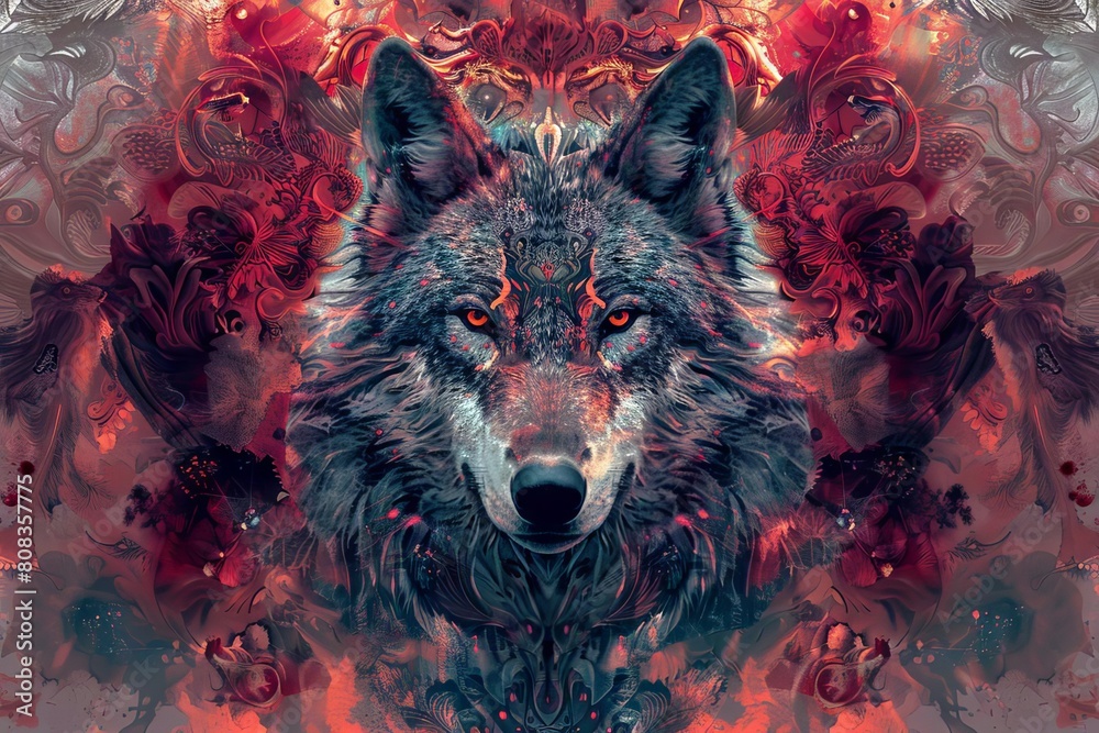 esoteric wolf portrait in paynes gray and crimson hues surreal digital painting esoteric wolf portrait in paynes gray and crimson hues surreal digital painting