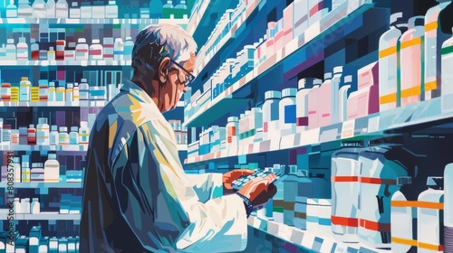 A painting of a pharmacist organizing medications showcases the detailed attention in pharmaceutical care, set against a futuristic simple detail clipart isolated white background