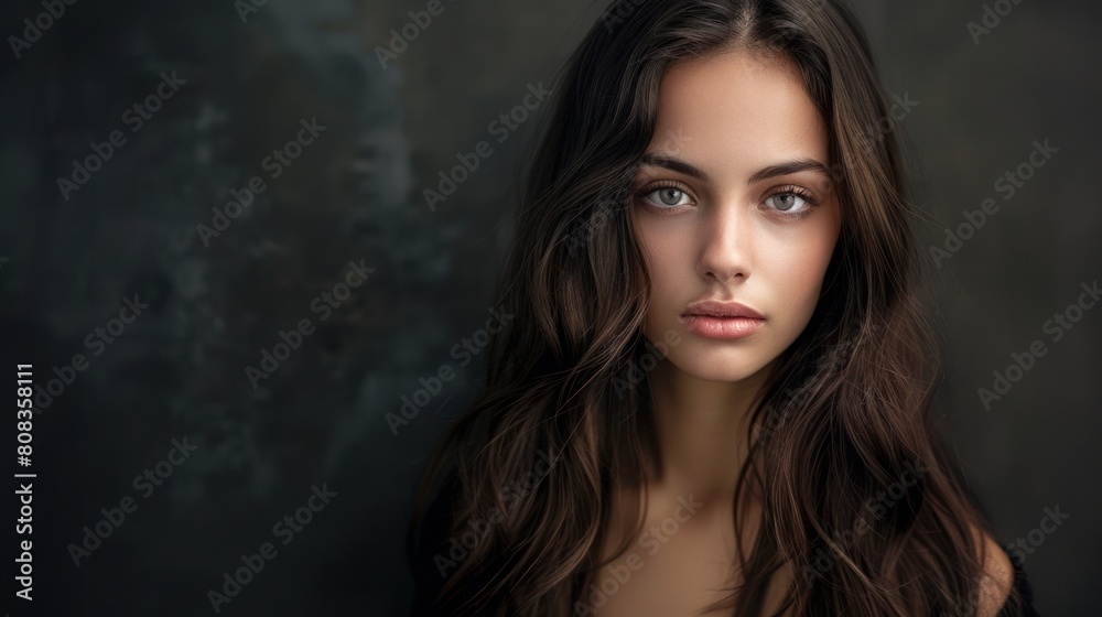 Beautiful caucasian brunette woman with long shiny brown hair and clean skin. Portrait of a fashion model in studio