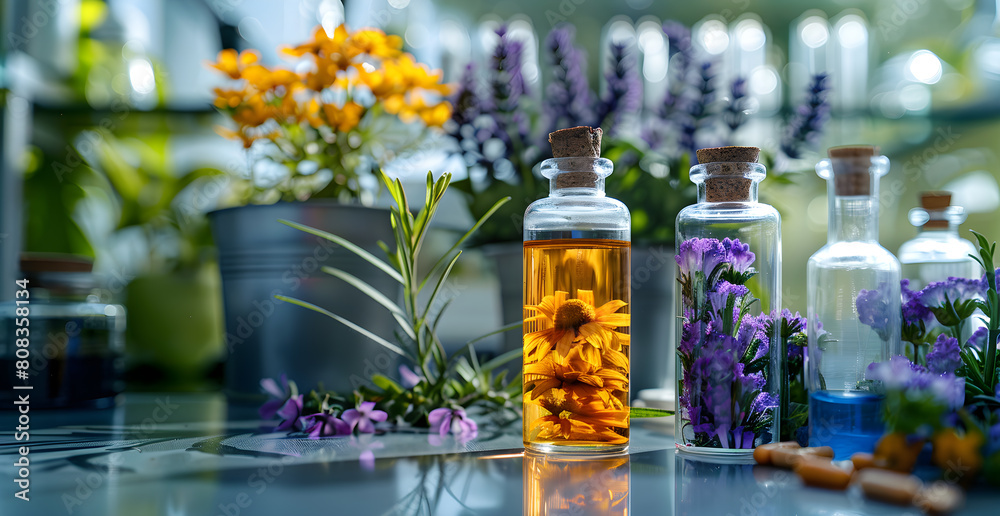 A table with three glass bottles of different colors and a potted plant A table with three glass bottles of different colors and a potted plant