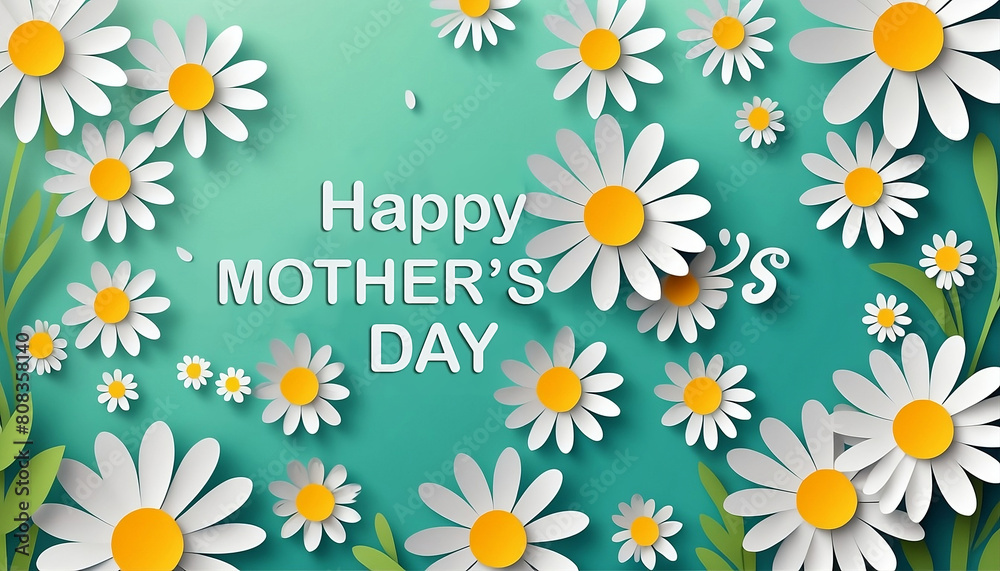 Нappy Mother's Day background with beautiful paper cut chamomile flowers. Spring holiday illustration for greeting card, banner, ad, promotion, poster, flyer, blog graphic generative ai