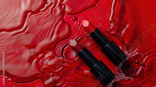 close-up of two red lipsticks on a red background with water splatters photo