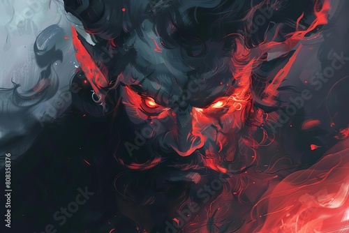 fierce anime male character with demonic oni face evil glowing eyes digital painting portrait photo