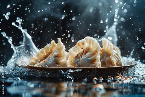 Dumplings in a flying healthy food explosion with water splash, combine traditional tastes with surprising elements in a minimal color setting photo