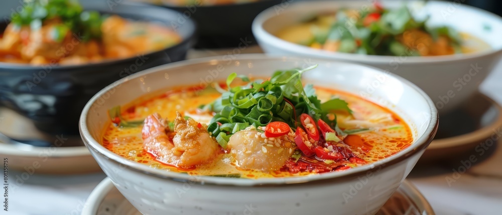 Laksa, with its flavorful broths, creates a busy actionshot against a backdrop that accentuates its rich, indulgent options Laksa, with its flavorful broths, creates a busy actionshot against a backdrop that accentuates its rich, indulgent options