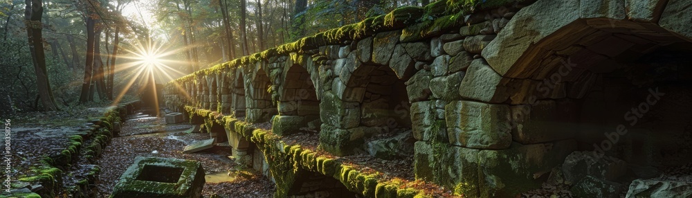 The photo shows a beautiful landscape with a stone bridge over a river in a forest. The sun is shining through the trees and the bridge is covered in moss.