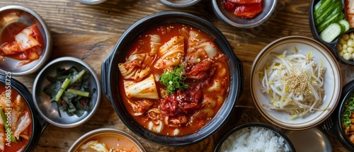 Kimchi jjigaes vibrant presentations explode, scattering bold spices and fragrant aromatics in a scene set for an adventurous eaters gathering photo