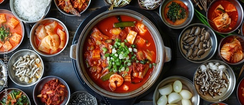 Kimchi jjigaes vibrant presentations explode, scattering bold spices and fragrant aromatics in a scene set for an adventurous eaters gathering photo