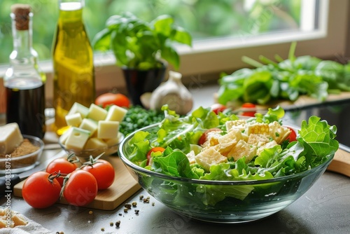 fresh seasonal caesar salad ingredients on kitchen table healthy cooking concept photo
