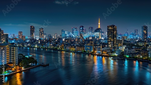 Tokyo waterfront skyline over Tsukishima residential area and Sumida river in Tokyo  Japan at night  