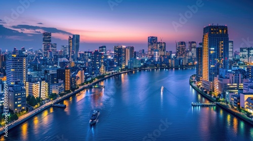 Tokyo waterfront skyline over Tsukishima residential area and Sumida river in Tokyo, Japan at night