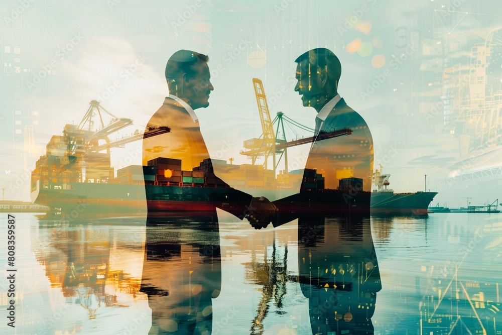 Fototapeta premium Double exposure of businessman and businesswoman shaking hands over blur port background with double exposure of crane and cargo ship. Concept of international trading. Toned image