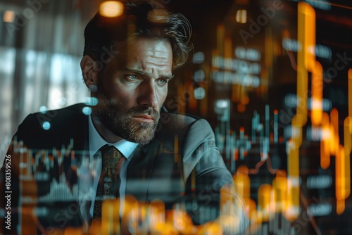 Stressed businessman looking at camera while standing in office with trading charts. Toned image