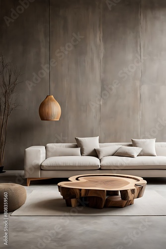  Live edge coffee table near corner sofa. Japandi interior design of modern living room, home. 