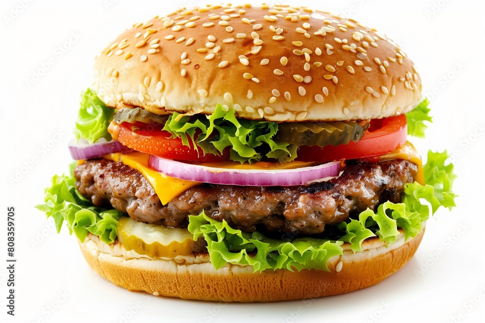 Big hamburger isolated on a white background. Close-up.