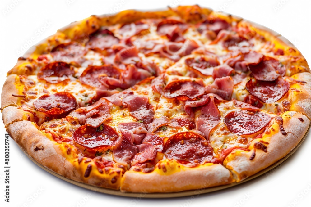 Pizza with salami and mozzarella cheese on white background