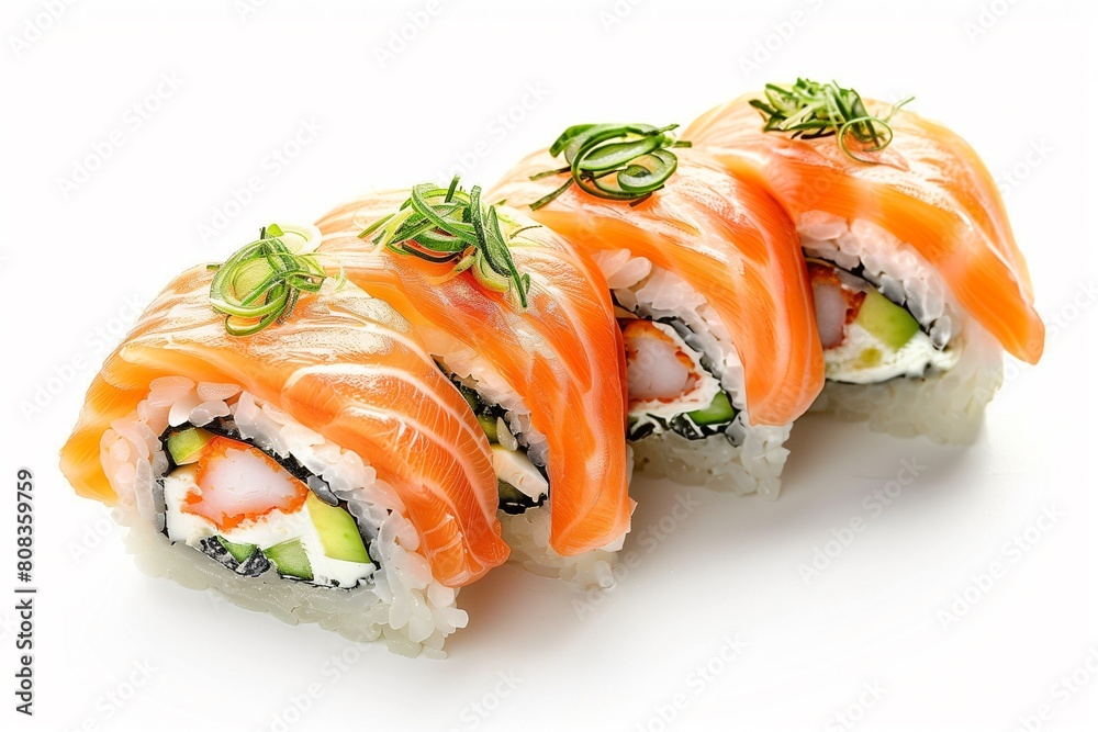 Japanese Cuisine - Sushi Roll with Salmon, Cream Cheese and Raw Salmon inside. Nori outside
