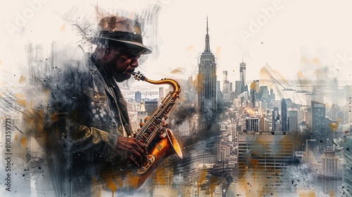 A saxophone player is playing his saxophone with the New York City skyline in the background. The painting is done with muted colors giving it a soft, dreamy feel.