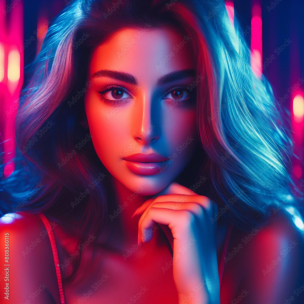 Portrait portrait of a young woman, Bright Neon lighting Portrait portrait of a young woman, Bright Neon lighting