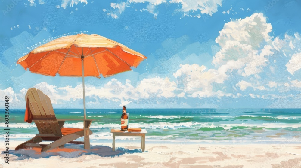Beachside Relaxation: Set the scene with a beach umbrella and a couple of beach chairs on the sandy shore, with the opened bottle of beer prominently featured on the table. Generative AI