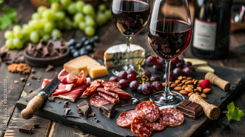 Culinary Pairing: Pair the strong alcohol with complementary food items like cheese, charcuterie, or dark chocolate, arranged tastefully on the vine backdrop. Generative AI