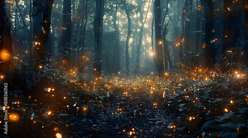 An enchanting scene of fireflies illuminating the darkness of a forest clearing  their bioluminescent glow casting an otherworldly ambiance that
