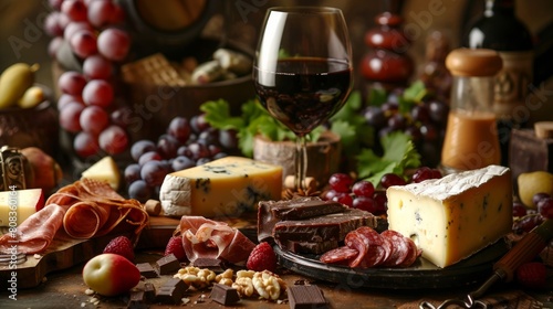 Culinary Pairing: Pair the strong alcohol with complementary food items like cheese, charcuterie, or dark chocolate, arranged tastefully on the vine backdrop. Generative AI