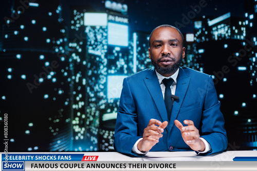 Media reporter announces scandalous divorce between famous celebrities, shocking fans around the world. Celebrity couple reveals having relationship issues, ending long marriage. photo
