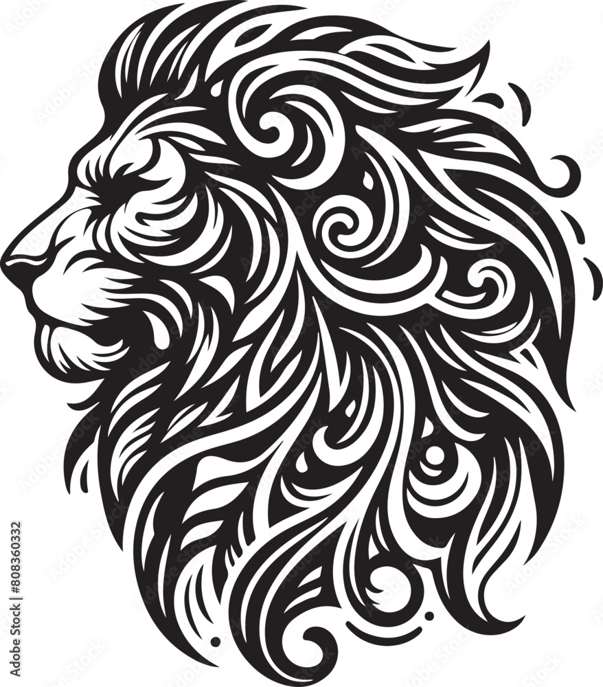 a black and white drawing of a lion head with a design on it. a black and white drawing of a lion head with a design on it.