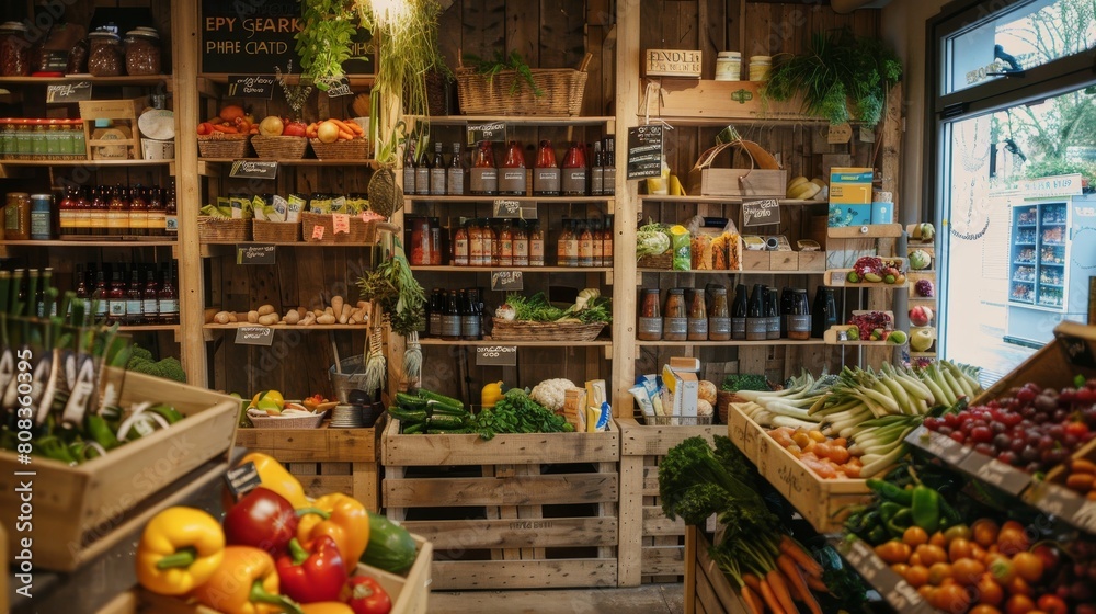 Stylish market shop featuring an array of organic vegetables and eco-friendly products