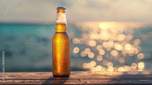 Opened bottle of beer with condensation on the wooden table. Blurred sparkling sea at the background. Summer vibes. Generative AI photo