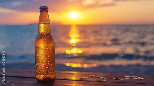 Opened bottle of beer with condensation on the wooden table. Blurred sparkling sea at the background. Summer vibes. Generative AI