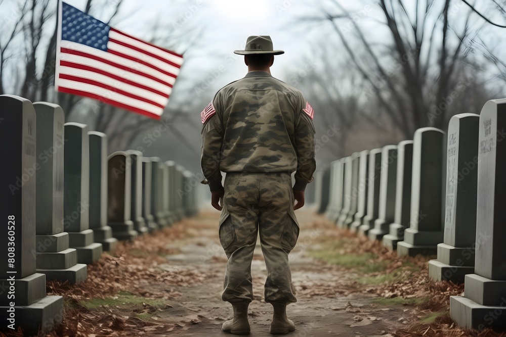 American memorial day, a man in camouflage standing in a cemetery with American flags on the headstones and a flag on the ground, back view American memorial day, a man in camouflage standing in a cemetery with American flags on the headstones and a flag on the ground, back view