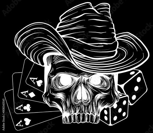 white silhouette of skull with hat and poker ace on black background