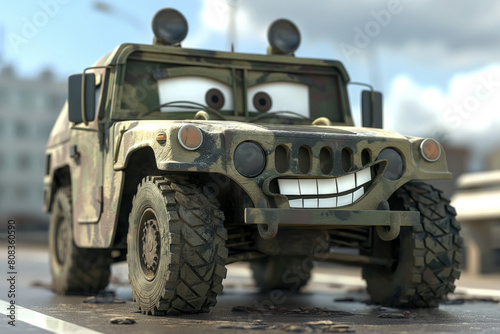 Cheerful Animated Vehicle with Eyes on Rugged Terrain Ready for Off-Road Adventure.